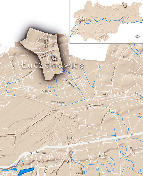 Mapa 80. Łuczanowice. Orientacyjna lokalizacja dawnej wsi Łuczanowice w obecnych granicach Krakowa – na planie miasta oznaczono jej położenie w kształcie wyznaczonym granicami jednostki katastralnej, jaką stanowiła, ze wskazaniem najstarszego, historycznego centrum Łuczanowic w rejonie dzisiejszych ulic Godebskiego i Bystronia.