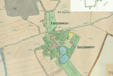 Mapa 81. Łuczanowice. Centrum Łuczanowic na mapie katastralnej sporządzonej dla gminy katastralnej Łuczanowice w 1850 roku oraz pochodzący z lat 1847–1848 plan sytuacyjny z wyrysowanymi granicami gminy Łuczanowice i lokalizacją gmin sąsiadujących (Archiwum Narodowe w Krakowie, sygn. K. Krak. 349 I, II, III; sygn. WM 562, s. 2063).