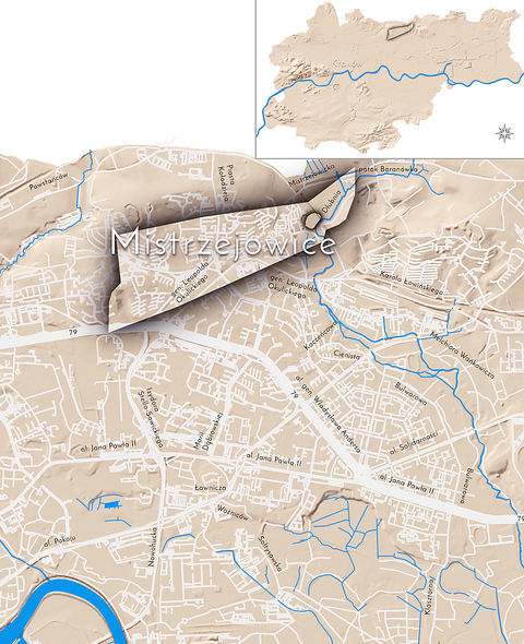 Mapa 82. Mistrzejowice. Orientacyjna lokalizacja dawnej wsi Mistrzejowice w obecnych granicach Krakowa – na planie miasta oznaczono jej położenie w kształcie wyznaczonym granicami jednostki katastralnej, jaką stanowiła, ze wskazaniem najstarszego, historycznego centrum Mistrzejowic nad rzeką Dłubnią.