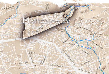 Mapa 82. Mistrzejowice. Orientacyjna lokalizacja dawnej wsi Mistrzejowice w obecnych granicach Krakowa – na planie miasta oznaczono jej położenie w kształcie wyznaczonym granicami jednostki katastralnej, jaką stanowiła, ze wskazaniem najstarszego, historycznego centrum Mistrzejowic nad rzeką Dłubnią.