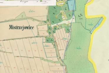 Mapa 83. Mistrzejowice. Centrum Mistrzejowic na mapie katastralnej sporządzonej dla gminy katastralnej Mistrzejowice w 1850 roku oraz pochodzący z lat 1847–1848 plan sytuacyjny z wyrysowanymi granicami gminy Mistrzejowice i lokalizacją gmin sąsiadujących (Archiwum Narodowe w Krakowie, sygn. K. Krak. 355 II; sygn. WM 563a, s. 1).