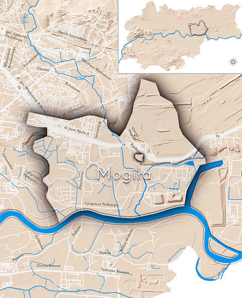 Mapa 84. Mogiła. Orientacyjna lokalizacja dawnej wsi Mogiła w obecnych granicach Krakowa – na planie miasta oznaczono jej położenie w kształcie wyznaczonym granicami jednostki katastralnej, jaką stanowiła, ze wskazaniem najstarszego, historycznego centrum Mogiły w rejonie dzisiejszych ulic Bardosa, Powiatowej, Kępskiej i Kopaniec.
