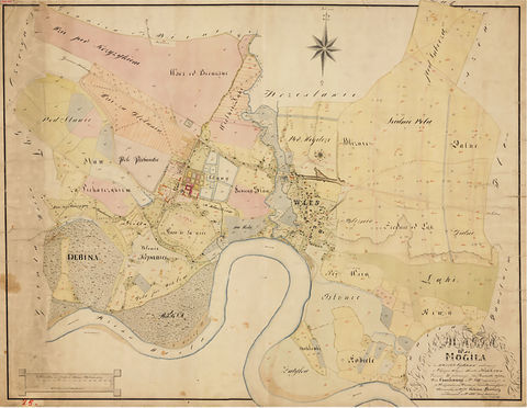 Mapa 86. Mogiła. Z Archiwum Wolnego Miasta Krakowa mapa wsi Mogiła wyrysowana w 1833 roku przez Karola Bełcikowskiego, geometrę rządowego Królestwa Polskiego i Rzeczypospolitej Krakowskiej; mapa powstała na zamówienie Komisji Włościańskiej Wolnego Miasta Krakowa w ramach prac przygotowujących uwłaszczenie chłopów – oraz powiększenie legendy (Archiwum Narodowe w Krakowie, sygn. 29/200/25).