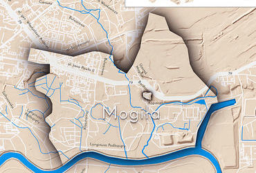 Mapa 84. Mogiła. Orientacyjna lokalizacja dawnej wsi Mogiła w obecnych granicach Krakowa – na planie miasta oznaczono jej położenie w kształcie wyznaczonym granicami jednostki katastralnej, jaką stanowiła, ze wskazaniem najstarszego, historycznego centrum Mogiły w rejonie dzisiejszych ulic Bardosa, Powiatowej, Kępskiej i Kopaniec.