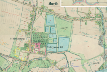 Mapa 85. Mogiła. Centrum Mogiły na mapie katastralnej sporządzonej dla gminy katastralnej Mogiła w 1850 roku oraz pochodzący z lat 1847–1848 plan sytuacyjny z wyrysowanymi granicami gminy Mogiła i lokalizacją gmin sąsiadujących (Archiwum Narodowe w Krakowie, sygn. K. Krak. 368 III, V; sygn. WM 563a, nlb.).