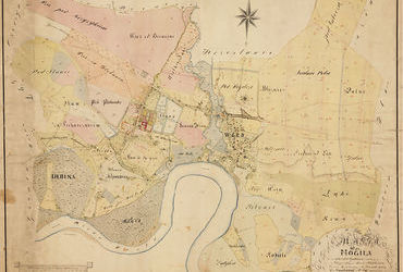 Mapa 86. Mogiła. Z Archiwum Wolnego Miasta Krakowa mapa wsi Mogiła wyrysowana w 1833 roku przez Karola Bełcikowskiego, geometrę rządowego Królestwa Polskiego i Rzeczypospolitej Krakowskiej; mapa powstała na zamówienie Komisji Włościańskiej Wolnego Miasta Krakowa w ramach prac przygotowujących uwłaszczenie chłopów – oraz powiększenie legendy (Archiwum Narodowe w Krakowie, sygn. 29/200/25).