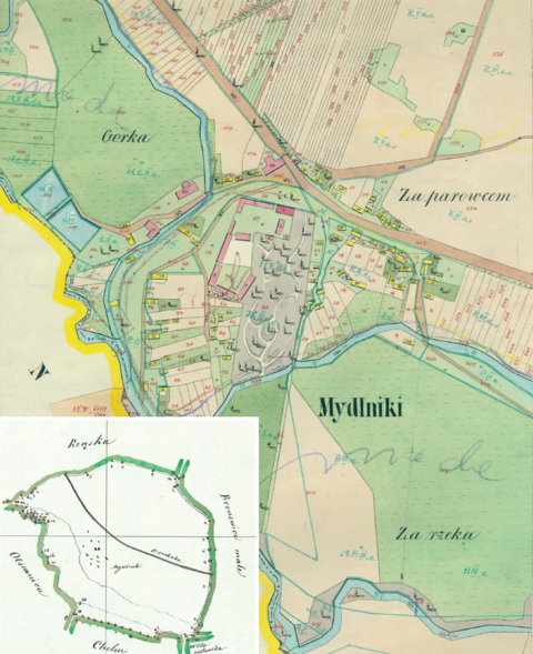 Mapa 88. Mydlniki. Centrum Mydlnik na mapie katastralnej sporządzonej dla gminy katastralnej Mydlniki w 1850 roku oraz pochodzący z lat 1847–1848 plan sytuacyjny z wyrysowanymi granicami gminy Mydlniki i lokalizacją gmin sąsiadujących (Archiwum Narodowe w Krakowie, sygn. K. Krak. 374 I; sygn. WM 563a, nlb.).