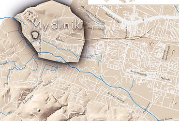 Mapa 87. Mydlniki. Orientacyjna lokalizacja dawnej wsi Mydlniki w obecnych granicach Krakowa – na planie miasta oznaczono jej położenie w kształcie wyznaczonym granicami jednostki katastralnej, jaką stanowiła, ze wskazaniem najstarszego, historycznego centrum Mydlnik w rejonie dzisiejszych ulic Balickiej i Dolińskiego oraz ulic Hemara, Kurozwęckiego i Zakliki z Mydlnik.