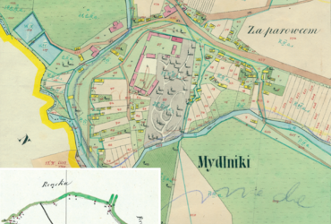 Mapa 88. Mydlniki. Centrum Mydlnik na mapie katastralnej sporządzonej dla gminy katastralnej Mydlniki w 1850 roku oraz pochodzący z lat 1847–1848 plan sytuacyjny z wyrysowanymi granicami gminy Mydlniki i lokalizacją gmin sąsiadujących (Archiwum Narodowe w Krakowie, sygn. K. Krak. 374 I; sygn. WM 563a, nlb.).