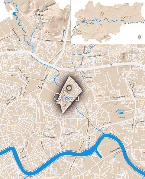 Mapa 89. Olsza. Orientacyjna lokalizacja dawnej wsi Olsza w obecnych granicach Krakowa – na planie miasta oznaczono jej położenie w kształcie wyznaczonym granicami jednostki katastralnej, jaką stanowiła, ze wskazaniem najstarszego, historycznego centrum Olszy w rejonie dzisiejszej ulicy Dukatów.