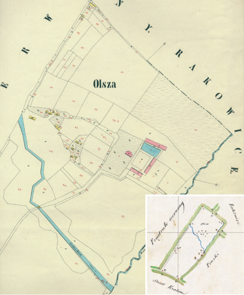 Mapa 90. Olsza. Część Olszy na mapie katastralnej sporządzonej dla gminy katastralnej Olsza w 1850 roku oraz pochodzący z lat 1847–1848 plan sytuacyjny z wyrysowanymi granicami gminy Olsza i lokalizacją gmin sąsiadujących (Archiwum Narodowe w Krakowie, sygn. K. Krak. 394 I; sygn. WM 563a, nlb.).