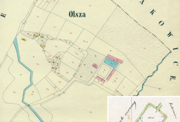 Mapa 90. Olsza. Część Olszy na mapie katastralnej sporządzonej dla gminy katastralnej Olsza w 1850 roku oraz pochodzący z lat 1847–1848 plan sytuacyjny z wyrysowanymi granicami gminy Olsza i lokalizacją gmin sąsiadujących (Archiwum Narodowe w Krakowie, sygn. K. Krak. 394 I; sygn. WM 563a, nlb.).