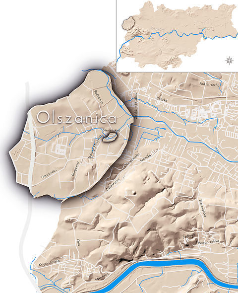 Mapa 91. Olszanica. Orientacyjna lokalizacja dawnej wsi Olszanica w obecnych granicach Krakowa – na planie miasta oznaczono jej położenie w kształcie wyznaczonym granicami jednostki katastralnej, jaką stanowiła, ze wskazaniem najstarszego, historycznego centrum Olszanicy w rejonie Potoku Olszanickiego, dopływu Rudawy.