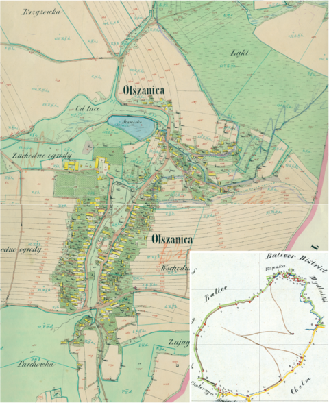 Mapa 92. Olszanica. Centrum Olszanicy na mapie katastralnej sporządzonej dla gminy katastralnej Olszanica w 1850 roku oraz pochodzący z 1847 roku plan sytuacyjny z wyrysowanymi granicami gminy Olszanica i lokalizacją gmin sąsiadujących (Archiwum Narodowe w Krakowie, sygn. K. Krak. 402 I, V; sygn. WM 563a, nlb.).