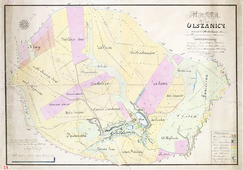 Mapa 93. Olszanica. Z Archiwum Wolnego Miasta Krakowa mapa wsi Olszanica zdjęta w 1820 roku przez Wincentego Jarockiego, geometrę rządowego Królestwa Polskiego i Rzeczypospolitej Krakowskiej, i przekazana w 1834 roku przez geometrę Karola Bełcikowskiego Komisji Włościańskiej Wolnego Miasta Krakowa prowadzącej prace przygotowujące uwłaszczenie chłopów – oraz powiększenia fragmentów legendy (Archiwum Narodowe w Krakowie, sygn. 29/200/28).