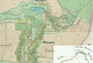 Mapa 92. Olszanica. Centrum Olszanicy na mapie katastralnej sporządzonej dla gminy katastralnej Olszanica w 1850 roku oraz pochodzący z 1847 roku plan sytuacyjny z wyrysowanymi granicami gminy Olszanica i lokalizacją gmin sąsiadujących (Archiwum Narodowe w Krakowie, sygn. K. Krak. 402 I, V; sygn. WM 563a, nlb.).