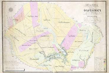 Mapa 93. Olszanica. Z Archiwum Wolnego Miasta Krakowa mapa wsi Olszanica zdjęta w 1820 roku przez Wincentego Jarockiego, geometrę rządowego Królestwa Polskiego i Rzeczypospolitej Krakowskiej, i przekazana w 1834 roku przez geometrę Karola Bełcikowskiego Komisji Włościańskiej Wolnego Miasta Krakowa prowadzącej prace przygotowujące uwłaszczenie chłopów – oraz powiększenia fragmentów legendy (Archiwum Narodowe w Krakowie, sygn. 29/200/28).