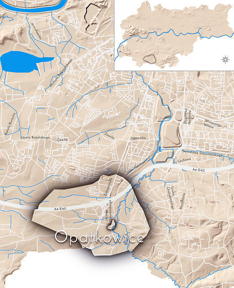 Mapa 94. Opatkowice. Orientacyjna lokalizacja dawnej wsi Opatkowice w obecnych granicach Krakowa – na planie miasta oznaczono jej położenie w kształcie wyznaczonym granicami jednostki katastralnej, jaką stanowiła, ze wskazaniem najstarszego, historycznego centrum Opatkowic w rejonie dzisiejszej ulicy Smoleńskiego.
