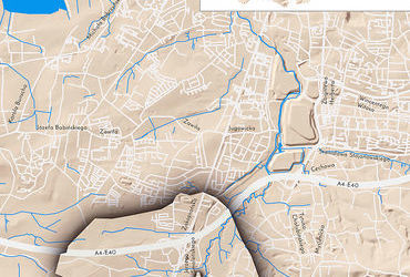 Mapa 94. Opatkowice. Orientacyjna lokalizacja dawnej wsi Opatkowice w obecnych granicach Krakowa – na planie miasta oznaczono jej położenie w kształcie wyznaczonym granicami jednostki katastralnej, jaką stanowiła, ze wskazaniem najstarszego, historycznego centrum Opatkowic w rejonie dzisiejszej ulicy Smoleńskiego.