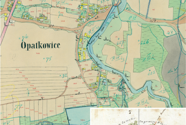 Mapa 95. Opatkowice. Centrum Opatkowic na mapie katastralnej sporządzonej dla gminy katastralnej Opatkowice w 1848 roku oraz pochodzący z 1845 roku plan sytuacyjny z wyrysowanymi granicami tej gminy oraz lokalizacją gmin sąsiadujących (Archiwum Narodowe w Krakowie, sygn. K. Krak. 408 IV; sygn. K. Krak. op. 102, s. 3).