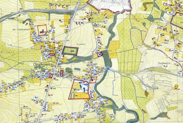 Mapa 96. Opatkowice. Z dokumentacji Biura Rozwoju Krakowa dotyczący wsi Opatkowice fragment sporządzonej w 1968 roku Inwentaryzacji bezpośredniej użytkowania terenu i budynków dla gromady Swoszowice (Archiwum Narodowe w Krakowie, sygn. 29/1405/2331).