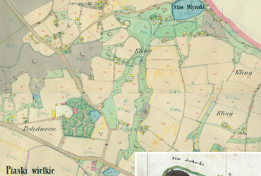 Mapa 98. Piaski Wielkie. Fragment Piasków Wielkich na mapie katastralnej sporządzonej dla gminy katastralnej Piaski Wielkie w 1849 roku oraz pochodzący z 1847 roku plan sytuacyjny z wyrysowanymi granicami gminy Piaski Wielkie i lokalizacją gmin sąsiadujących (Archiwum Narodowe w Krakowie, sygn. K. Krak. 421 I, III; sygn. K. Krak. op. 106, s. 1).