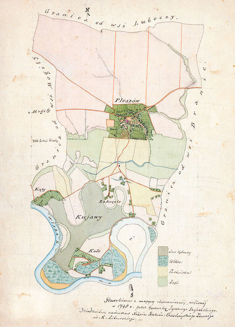 Mapa 101. Pleszów. Z Archiwum Wolnego Miasta Krakowa mapa wsi Pleszów wraz z Kujawami, w oryginale wyrysowana w 1795 roku przez geodetę Ignacego Szybalskiego, tu w kopii wykonanej przez Teofila Żebrawskiego w drugiej ćwierci XIX wieku (Archiwum Narodowe w Krakowie, sygn. 29/200/144).