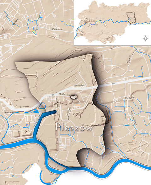 Mapa 99. Pleszów. Orientacyjna lokalizacja dawnej wsi Pleszów w obecnych granicach Krakowa – na planie miasta oznaczono jej położenie w kształcie wyznaczonym granicami jednostki katastralnej, jaką stanowiła, ze wskazaniem najstarszego, historycznego centrum Pleszowa w rejonie dzisiejszych ulic Nadbrzezie, Suchy Jar, Cementowej i Jezierskiego.