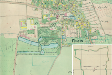 Mapa 100. Pleszów. Centrum Pleszowa na mapie katastralnej sporządzonej dla gminy katastralnej Pleszów w 1850 roku oraz pochodzący z lat 1847–1848 plan sytuacyjny z wyrysowanymi granicami gminy Pleszów i lokalizacją gmin sąsiadujących (Archiwum Narodowe w Krakowie, sygn. K. Krak. 433 V, VIII; sygn. WM 563a, nlb.).