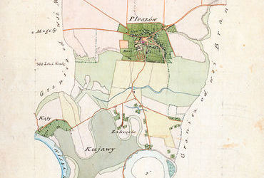 Mapa 101. Pleszów. Z Archiwum Wolnego Miasta Krakowa mapa wsi Pleszów wraz z Kujawami, w oryginale wyrysowana w 1795 roku przez geodetę Ignacego Szybalskiego, tu w kopii wykonanej przez Teofila Żebrawskiego w drugiej ćwierci XIX wieku (Archiwum Narodowe w Krakowie, sygn. 29/200/144).