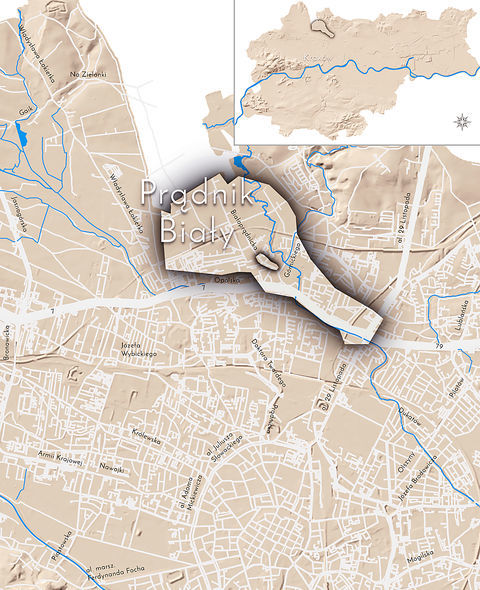 Mapa 102. Prądnik Biały. Orientacyjna lokalizacja dawnej wsi Prądnik Biały w obecnych granicach Krakowa – na planie miasta oznaczono jej położenie w kształcie wyznaczonym granicami jednostki katastralnej, jaką stanowiła, ze wskazaniem najstarszego, historycznego centrum Prądnika Białego w rejonie dzisiejszej ulicy Białoprądnickiej.