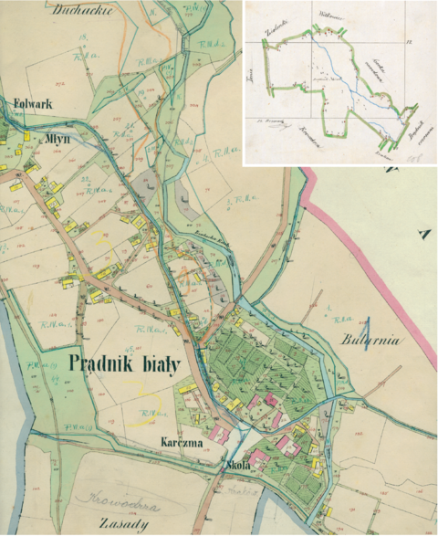 Mapa 103. Prądnik Biały. Centrum Prądnika Białego na mapie katastralnej sporządzonej dla gminy katastralnej Prądnik Biały w 1850 roku oraz pochodzący z lat 1847–1848 plan sytuacyjny z wyrysowanymi granicami gminy Prądnik Biały i lokalizacją gmin sąsiadujących (Archiwum Narodowe w Krakowie, sygn. K. Krak. 454 IV; sygn. WM 563a, nlb.).