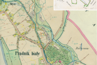 Mapa 103. Prądnik Biały. Centrum Prądnika Białego na mapie katastralnej sporządzonej dla gminy katastralnej Prądnik Biały w 1850 roku oraz pochodzący z lat 1847–1848 plan sytuacyjny z wyrysowanymi granicami gminy Prądnik Biały i lokalizacją gmin sąsiadujących (Archiwum Narodowe w Krakowie, sygn. K. Krak. 454 IV; sygn. WM 563a, nlb.).