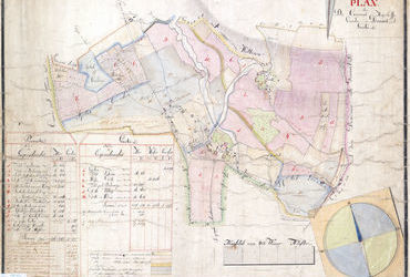 Mapa 104. Prądnik Biały. Z Archiwum Wolnego Miasta Krakowa plan Prądnika Białego wraz z Górką Narodową, niedatowany, wyrysowany w przedziale lat 1805–1825; plan ten ukazuje zróżnicowanie własności gruntów białoprądnickich – mapa weszła do zasobu Komisji Włościańskiej Wolnego Miasta Krakowa prowadzącej prace przygotowujące uwłaszczenie chłopów – oraz powiększenie fragmentu legendy (Archiwum Narodowe w Krakowie, sygn. 29/200/36).