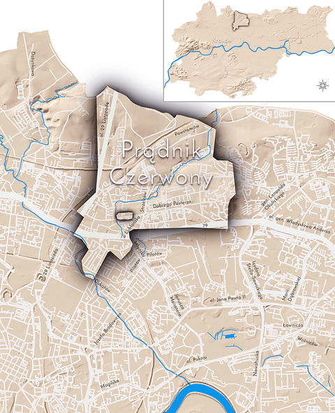 Mapa 106. Prądnik Czerwony. Orientacyjna lokalizacja dawnej wsi Prądnik Czerwony w obecnych granicach Krakowa – na planie miasta oznaczono jej położenie w kształcie wyznaczonym granicami jednostki katastralnej, jaką stanowiła, ze wskazaniem najstarszego, historycznego centrum Prądnika Czerwonego w rejonie dzisiejszej ulicy Dobrego Pasterza.