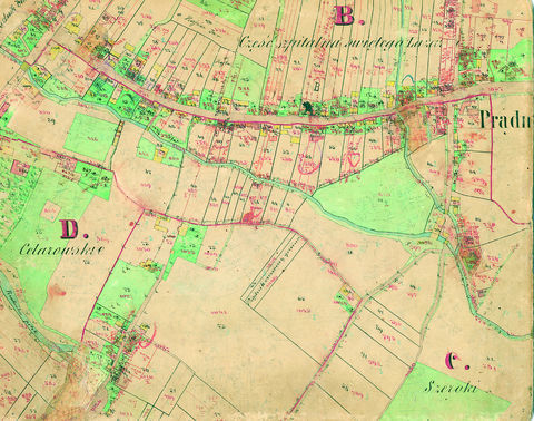 Mapa 107b. Prądnik Czerwony. Centrum Prądnika Czerwonego na szkicu indykacyjnym sporządzonym w 1871 roku dla gminy katastralnej Prądnik Czerwony oraz pochodzący z lat 1847–1848 plan sytuacyjny z wyrysowanymi granicami gminy Prądnik Czerwony i lokalizacją gmin sąsiadujących (Archiwum Narodowe w Krakowie, sygn. KPK 196; sygn. WM 563a, nlb.).