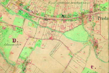 Mapa 107b. Prądnik Czerwony. Centrum Prądnika Czerwonego na szkicu indykacyjnym sporządzonym w 1871 roku dla gminy katastralnej Prądnik Czerwony oraz pochodzący z lat 1847–1848 plan sytuacyjny z wyrysowanymi granicami gminy Prądnik Czerwony i lokalizacją gmin sąsiadujących (Archiwum Narodowe w Krakowie, sygn. KPK 196; sygn. WM 563a, nlb.).