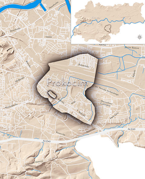 Mapa 108. Prokocim. Orientacyjna lokalizacja dawnej wsi Prokocim w obecnych granicach Krakowa – na planie miasta oznaczono jej położenie w kształcie wyznaczonym granicami jednostki katastralnej, jaką stanowiła, ze wskazaniem najstarszego, historycznego centrum Prokocimia w rejonie dzisiejszej ulicy Wielickiej, w pobliżu strugi Drwinki.