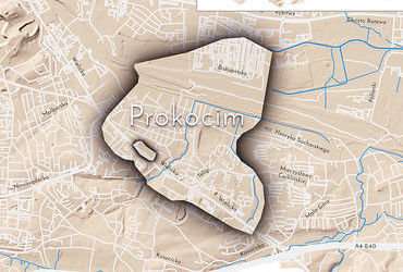 Mapa 108. Prokocim. Orientacyjna lokalizacja dawnej wsi Prokocim w obecnych granicach Krakowa – na planie miasta oznaczono jej położenie w kształcie wyznaczonym granicami jednostki katastralnej, jaką stanowiła, ze wskazaniem najstarszego, historycznego centrum Prokocimia w rejonie dzisiejszej ulicy Wielickiej, w pobliżu strugi Drwinki.