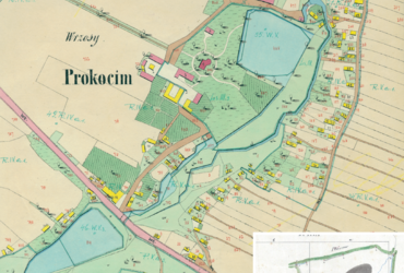 Mapa 109. Prokocim. Centrum Prokocimia na mapie katastralnej sporządzonej dla gminy katastralnej Prokocim w 1849 roku oraz pochodzący z 1847 roku plan sytuacyjny z wyrysowanymi granicami gminy Prokocim oraz lokalizacją gmin sąsiadujących (Archiwum Narodowe w Krakowie, sygn. K. Krak. 470 IV; sygn. K. Krak. op. 117, s. 3).