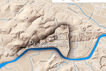 Mapa 110. Przegorzały. Orientacyjna lokalizacja dawnej wsi Przegorzały w obecnych granicach Krakowa – na planie miasta oznaczono jej położenie w kształcie wyznaczonym granicami jednostki katastralnej, jaką stanowiła, ze wskazaniem najstarszego, historycznego centrum Przegorzał w rejonie dzisiejszych ulic Jodłowej i Przegorzalskiej.