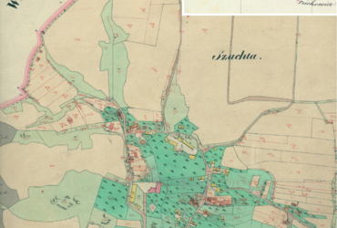 Mapa 111. Przegorzały. Centrum Przegorzał na mapie katastralnej sporządzonej dla gminy katastralnej Przegorzały w 1848 roku oraz pochodzący z lat 1847–1848 plan sytuacyjny z wyrysowanymi granicami gminy Przegorzały i lokalizacją gmin sąsiadujących (Archiwum Narodowe w Krakowie, sygn. K. Krak. 488 I; sygn. WM 563a, nlb.).