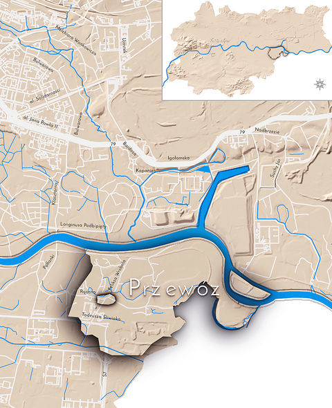Mapa 112. Przewóz. Orientacyjna lokalizacja dawnej wsi Przewóz w obecnych granicach Krakowa – na planie miasta oznaczono jej położenie w kształcie wyznaczonym granicami jednostki katastralnej, jaką stanowiła, ze wskazaniem najstarszego, historycznego centrum Przewozu w rejonie dzisiejszej ulicy Wrobela, w okolicy skrzyżowania z ulicą Rączną.
