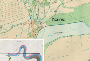 Mapa 113. Przewóz. Centrum Przewozu na mapie katastralnej sporządzonej dla gminy katastralnej Przewóz w 1849 roku oraz pochodzący z 1845 roku plan sytuacyjny z wyrysowanymi granicami gminy Przewóz i lokalizacją gmin sąsiadujących (Archiwum Narodowe w Krakowie, sygn. K. Krak. 491 IV; sygn. K. Krak. op. 1233, s. 1).