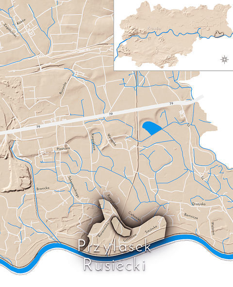 Mapa 114. Przylasek Rusiecki. Orientacyjna lokalizacja dawnej wsi Przylasek Rusiecki w obecnych granicach Krakowa – na planie miasta oznaczono jej położenie w kształcie wyznaczonym granicami jednostki katastralnej, jaką stanowiła, ze wskazaniem najstarszego, historycznego centrum Przylasku Rusieckiego w rejonie dzisiejszych ulic Ubeliny, Ciekowiec i Siejówka.