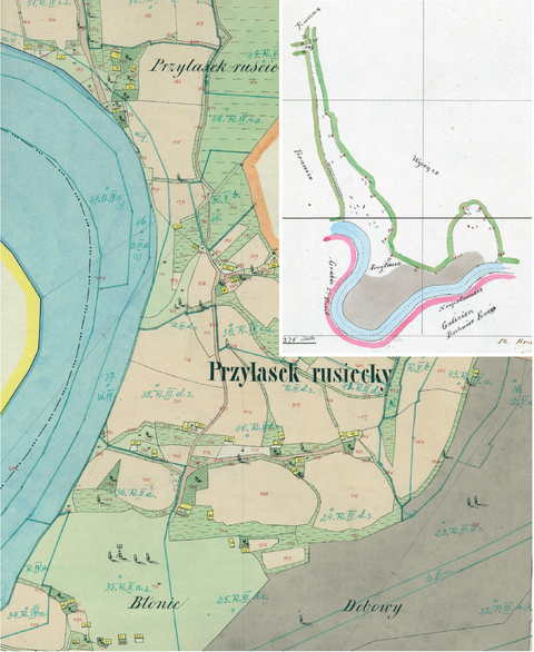 Mapa 115. Przylasek Rusiecki. Centrum Przylasku Rusieckiego na mapie katastralnej sporządzonej dla gminy katastralnej Przylasek Rusiecki w 1850 roku oraz pochodzący z 1847 roku plan sytuacyjny z wyrysowanymi granicami gminy Przylasek Rusiecki i lokalizacją gmin sąsiadujących (Archiwum Narodowe w Krakowie, sygn. K. Krak. 493 III; sygn. WM 563a, nlb.).