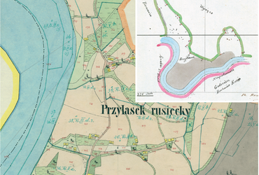 Mapa 115. Przylasek Rusiecki. Centrum Przylasku Rusieckiego na mapie katastralnej sporządzonej dla gminy katastralnej Przylasek Rusiecki w 1850 roku oraz pochodzący z 1847 roku plan sytuacyjny z wyrysowanymi granicami gminy Przylasek Rusiecki i lokalizacją gmin sąsiadujących (Archiwum Narodowe w Krakowie, sygn. K. Krak. 493 III; sygn. WM 563a, nlb.).