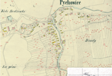 Mapa 118. Pychowice. Centrum Pychowic na mapie katastralnej sporządzonej dla gminy katastralnej Pychowice w 1849 roku oraz pochodzący z 1845 roku plan sytuacyjny z wyrysowanymi granicami gminy Pychowice oraz lokalizacją gmin sąsiadujących (Archiwum Narodowe w Krakowie, sygn. K. Krak. 497 II; sygn. 29/280/1379, k. 1).