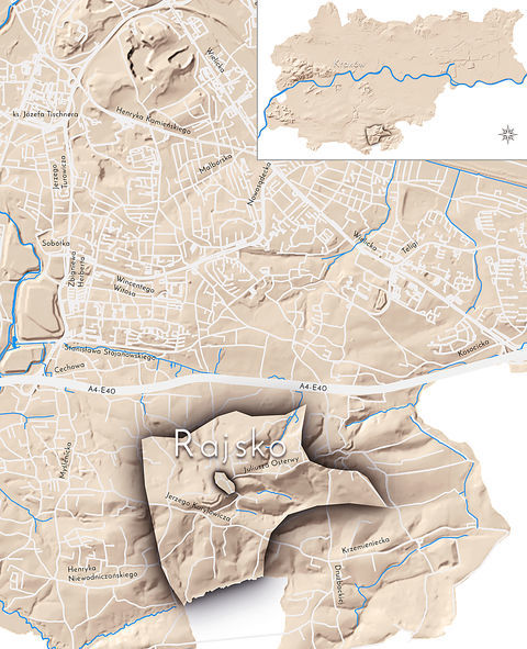 Mapa 119. Rajsko. Orientacyjna lokalizacja dawnej wsi Rajsko w obecnych granicach Krakowa – na planie miasta oznaczono jej położenie w kształcie wyznaczonym granicami jednostki katastralnej, jaką stanowiła, ze wskazaniem najstarszego, historycznego centrum Rajska w rejonie dzisiejszej ulicy Kuryłowicza.