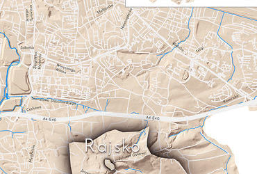 Mapa 119. Rajsko. Orientacyjna lokalizacja dawnej wsi Rajsko w obecnych granicach Krakowa – na planie miasta oznaczono jej położenie w kształcie wyznaczonym granicami jednostki katastralnej, jaką stanowiła, ze wskazaniem najstarszego, historycznego centrum Rajska w rejonie dzisiejszej ulicy Kuryłowicza.